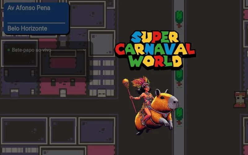 Super Carnaval World title screen: a pixel-art map of downtown Belo Horizonte with a carnival dancer riding a capybara
